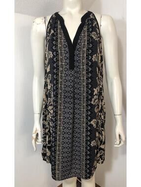 ASTR Womens Large Sleeveless Dress Black Tan Floral Lined Pullover Halter
